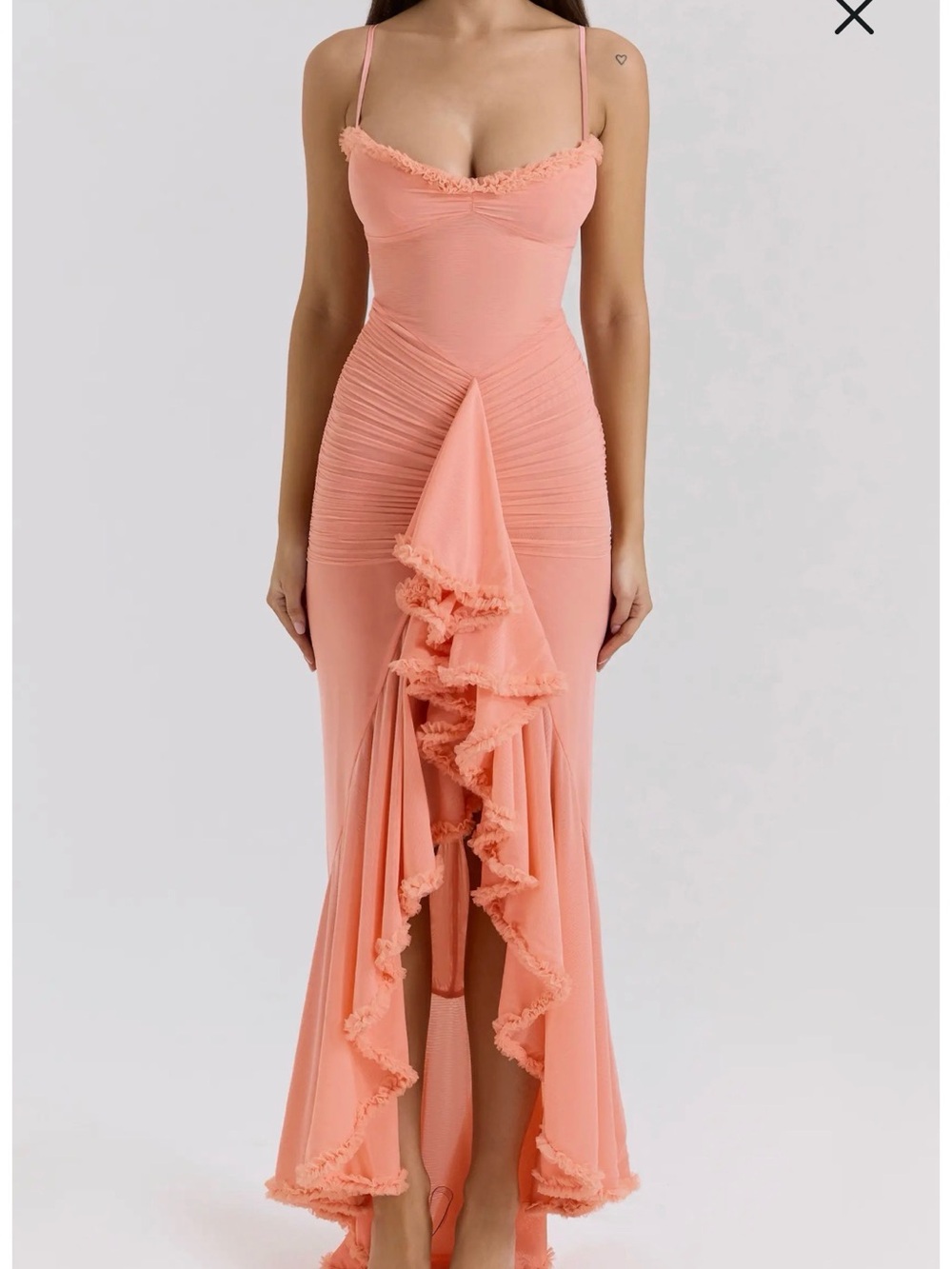 House of CB Gabbi Dress L 8-10 Coral Desert Flower Ruched Formal Ruffle Maxi NWT